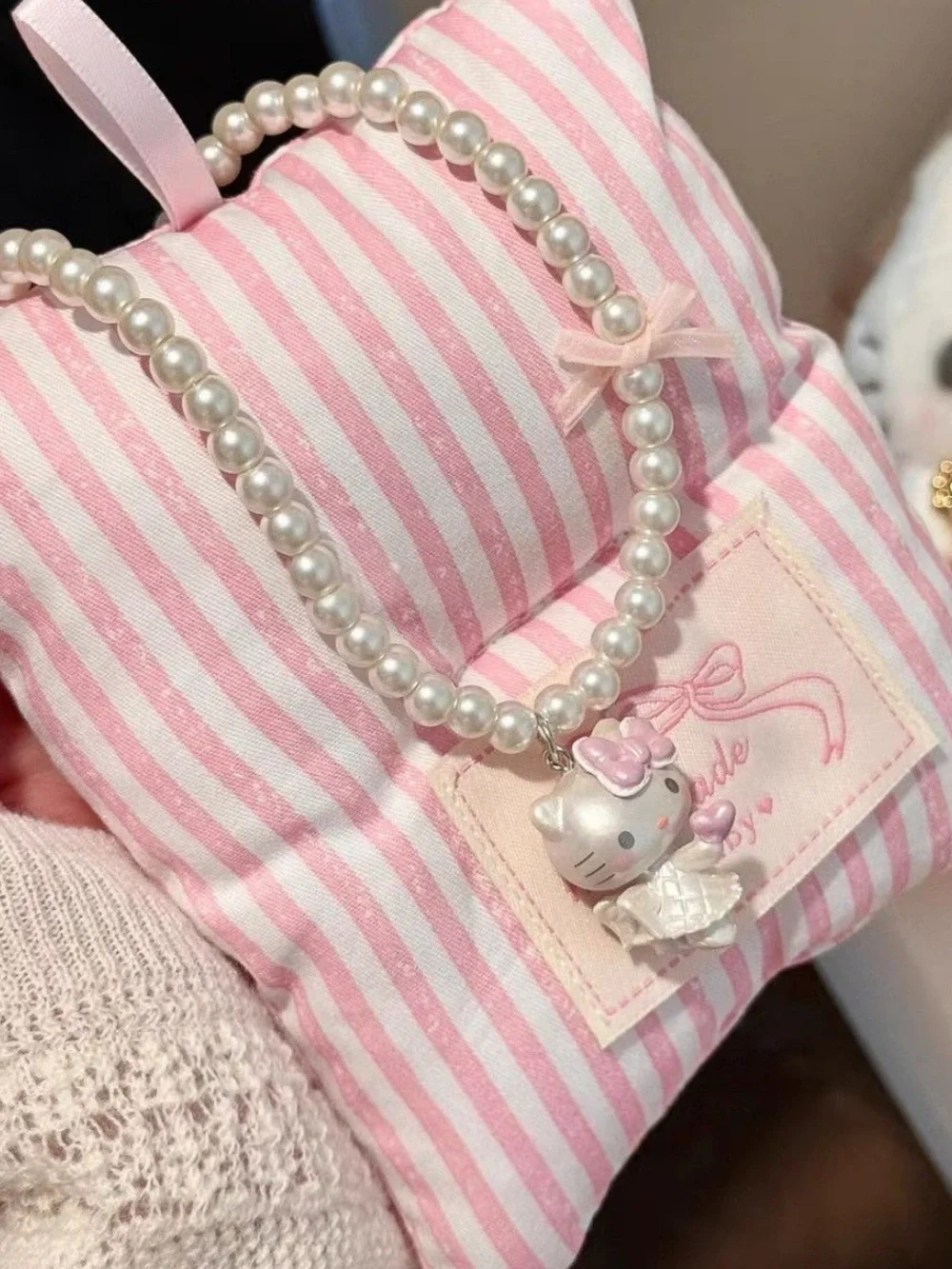 Hello Kitty Pearl Necklace with Pink Bow and White Kitty Charm